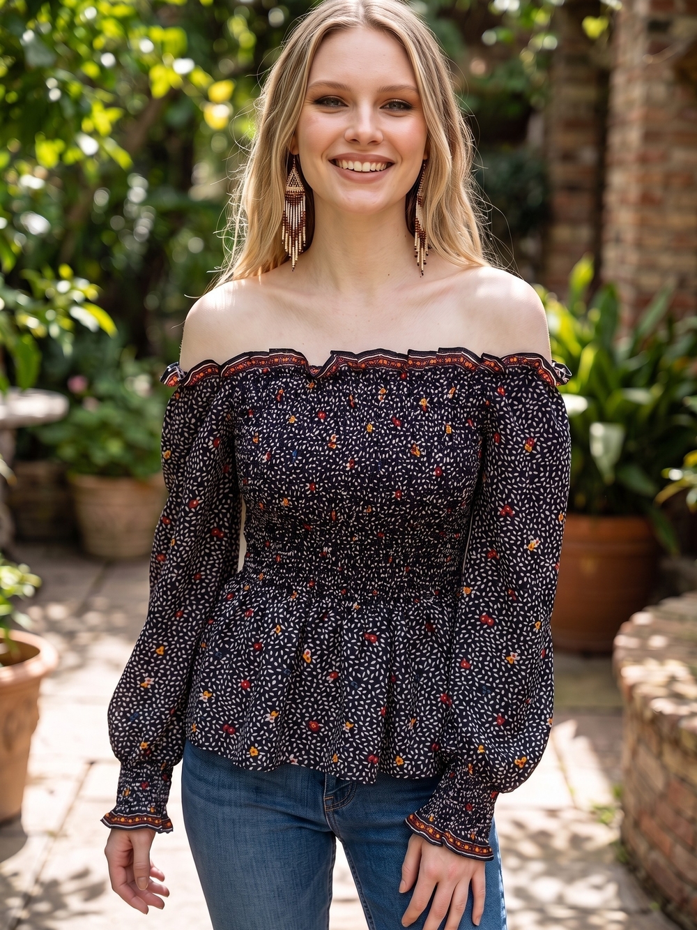 Max Studio Black Off-Shoulder Smocked Peplum Blouse with Red and Cream Floral